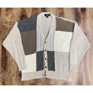 Orvis Neutral Patchwork Cable Knit Cardigan - Cream, Taupe, Gray